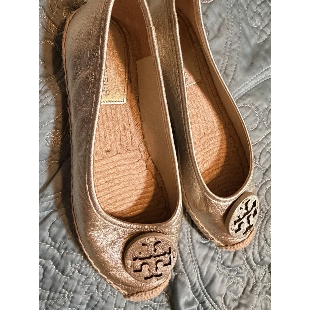 Tory Burch Eleanor Logo Espadrille Leather Flat Metallic Silver US 7.5M